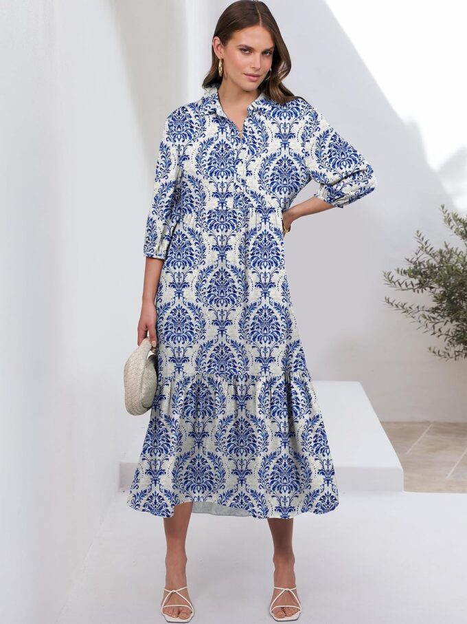 ANRABESS Women Casual 3/4 Puff Sleeve Polo V Neck Floral Printed Flowy Swing Loose Summer Boho Maxi Shirt Dresses – Bild 2