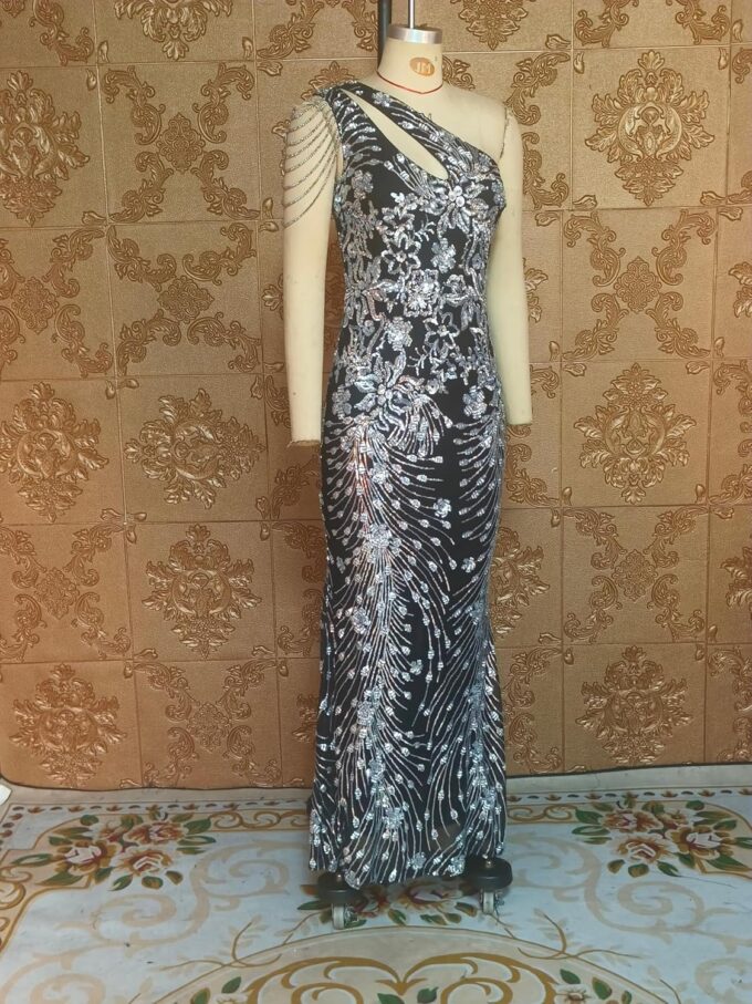 Cololura Women Sequin Elegant Sexy One Shoulder Tassel Mermaid Bodycon Cocktail Evening Dress – Bild 7