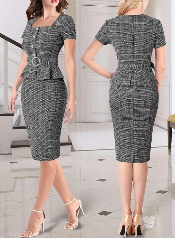VFSHOW Damen 2024 Business Arbeit Büro Quadratischer Ausschnitt Gürtel Schößchen Knöpfe Slim Bodycon Etuikleid – Bild 2