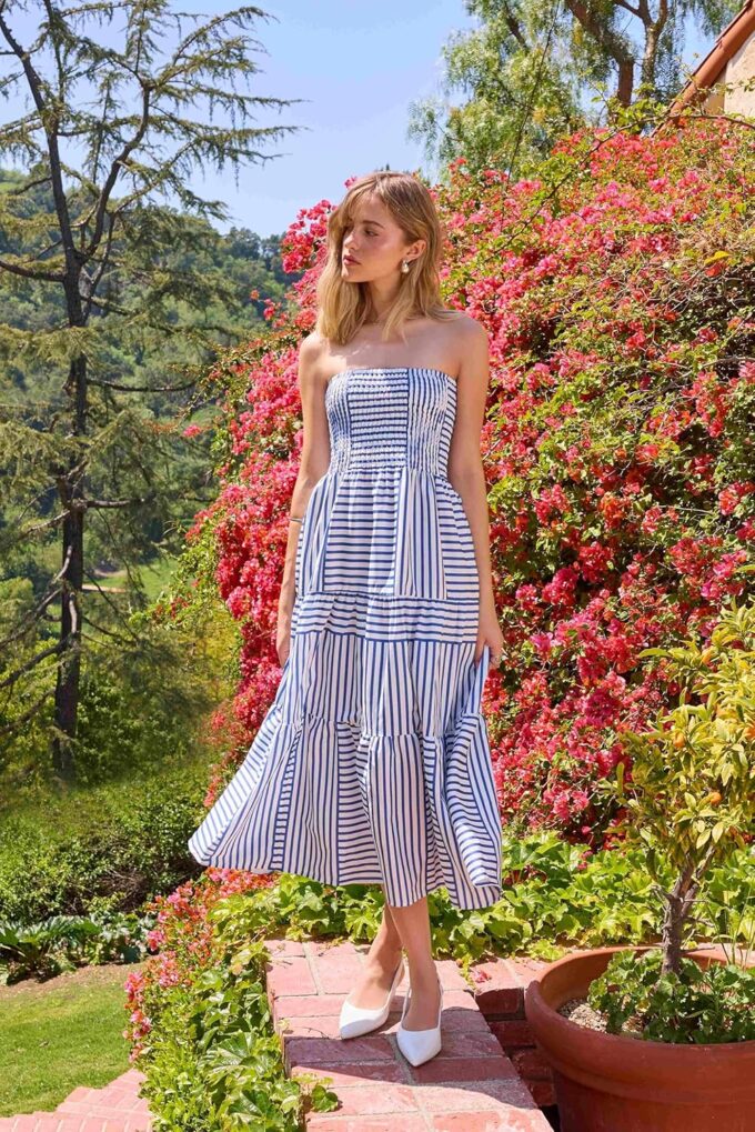 CIDER Womens Casual Dresses Strapless Tube Stripped Shirred A Line Blue Beach Vacation Midi Dress Maxi Skirts – Bild 2