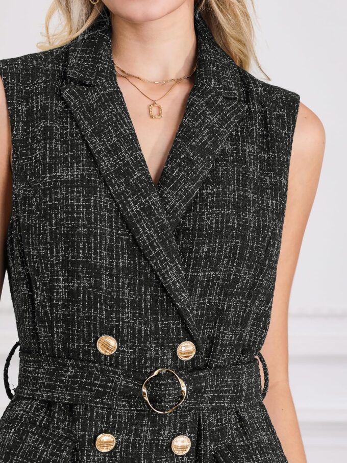 Hobemty Damen Ärmelloses Tweed-Kleid mit Kragen, Gürtel, Knopfleiste, Blazerkleider – Bild 4