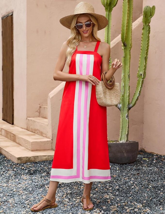 Ailoqing 2025 Women Bohemian Floral Dress Summer Casual Color Block Maxi Beach Overall Dress Coverups – Bild 5
