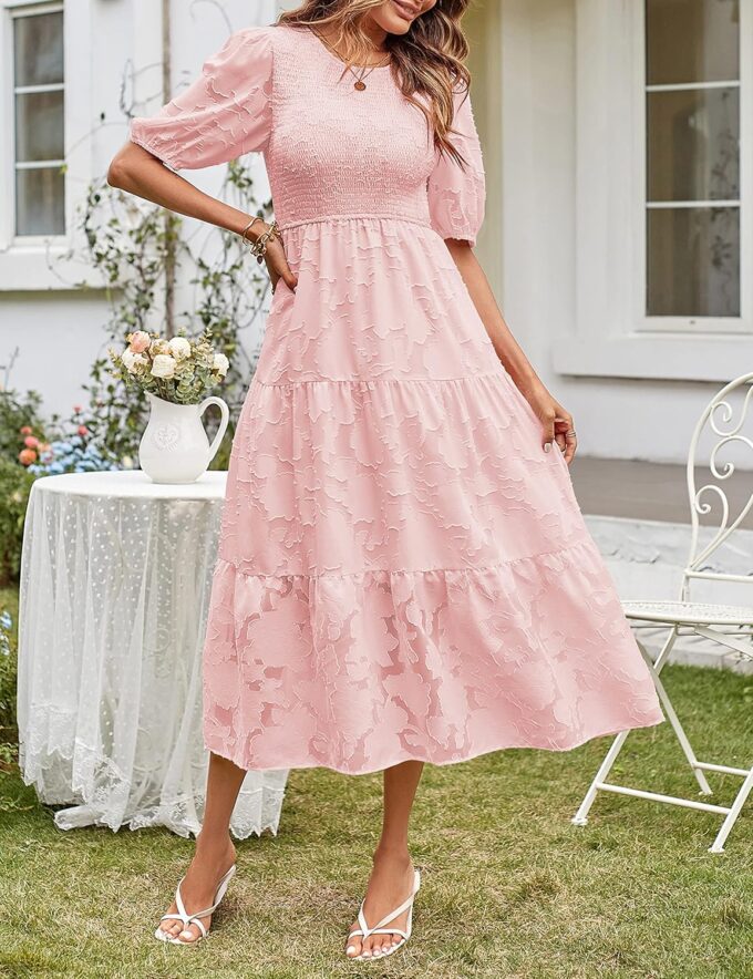 MEROKEETY Women's 2025 Summer Puff Sleeve Smocked Floral Dress Crewneck Lace Flowy Tiered Midi Dresses – Bild 7