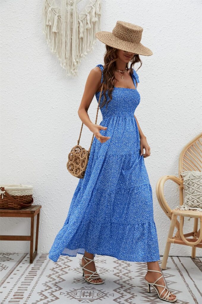 kinstell Women's Summer Boho Spaghetti Strap Square Neck Ruffle Casual Flowy Long Dress Beach Swing Party Maxi Dress – Bild 4