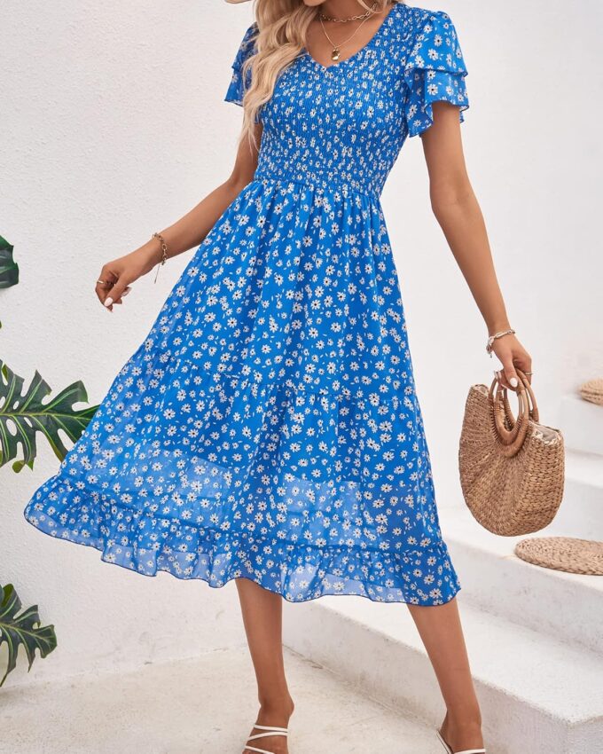 BTFBM Women Casual Summer Short Ruffles Tiered Sleeve Smocked Midi Dresses Bohemian Floral V Neck Wedding Guest Long Dresses – Bild 2