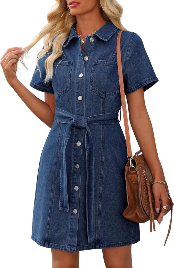 Women's Denim Dress Summer Short Sleeve Jean Dress Button Down Denim Shirt Dresses with Pocket 2025 Outfits