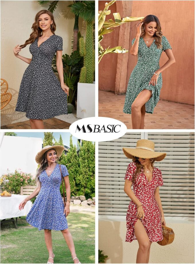 MSBASIC Womens Summer Wrap V Neck Casual Dresses Floral Short Sleeve A-Line Midi Sundress – Bild 4