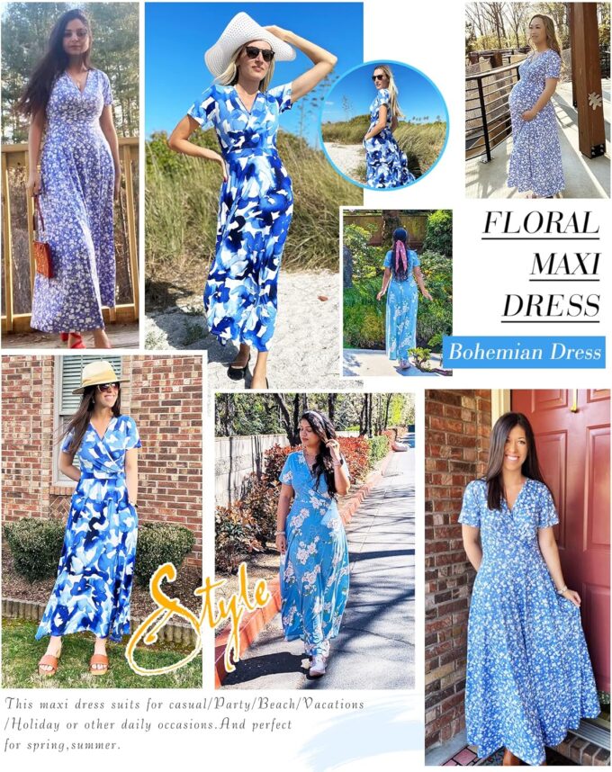 AUSELILY Maxi Dresses for Women Ankle Length Floral Print Beach Long Flowy Dress with Pockets – Bild 2