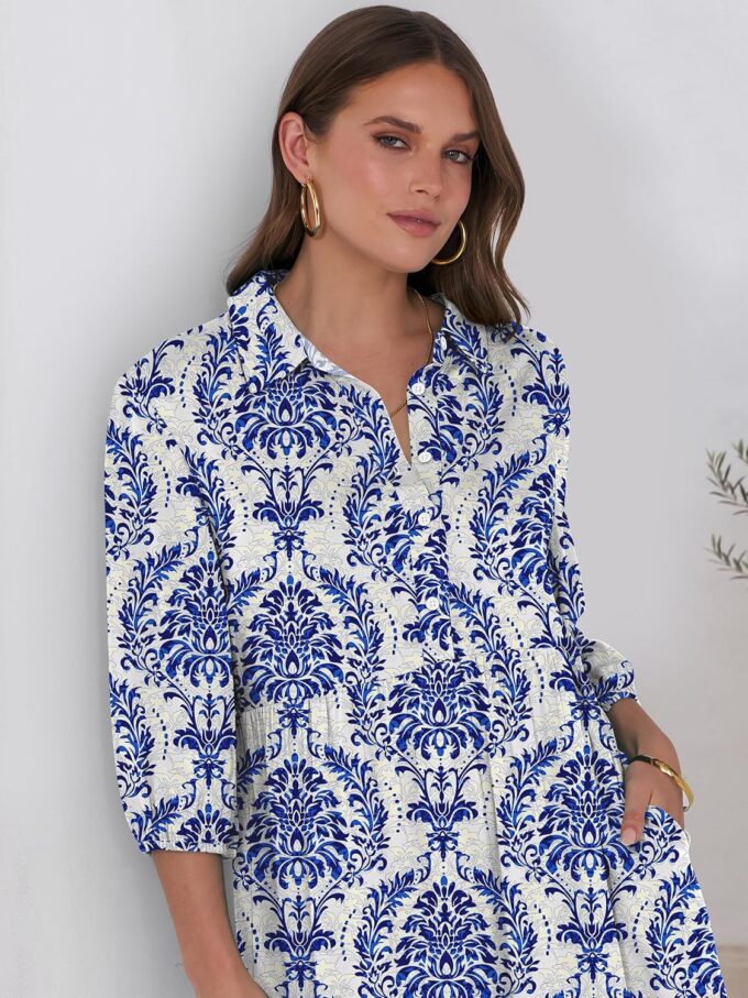 ANRABESS Women Casual 3/4 Puff Sleeve Polo V Neck Floral Printed Flowy Swing Loose Summer Boho Maxi Shirt Dresses – Bild 6