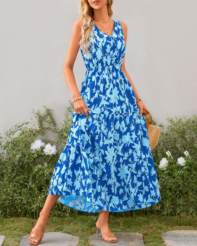 BTFBM Women Summer Dresses Casual Sleeveless Maxi Dresses Cute Floral Long Dress Wedding Guest Dress – Bild 3