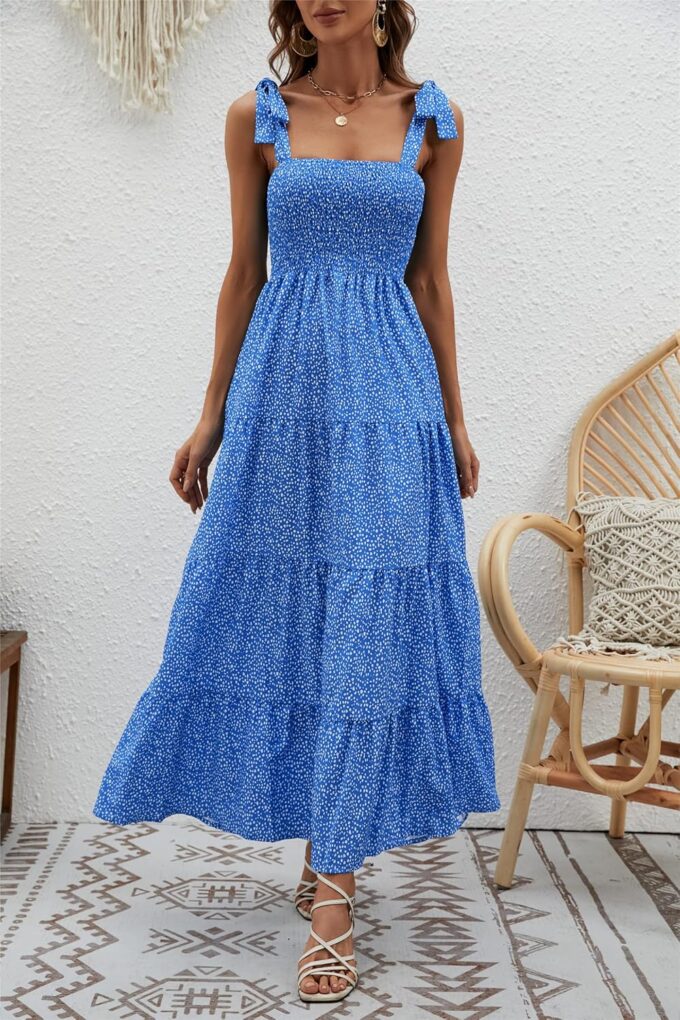 kinstell Women's Summer Boho Spaghetti Strap Square Neck Ruffle Casual Flowy Long Dress Beach Swing Party Maxi Dress – Bild 5