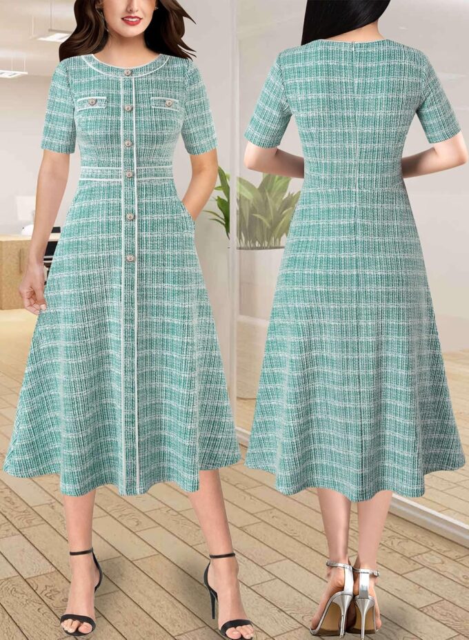 VFSHOW Damen-Kleid mit Knöpfen, schmale Passform und ausgestelltes Midi-Kleid in der Wadenmitte, A-Linie – Bild 2