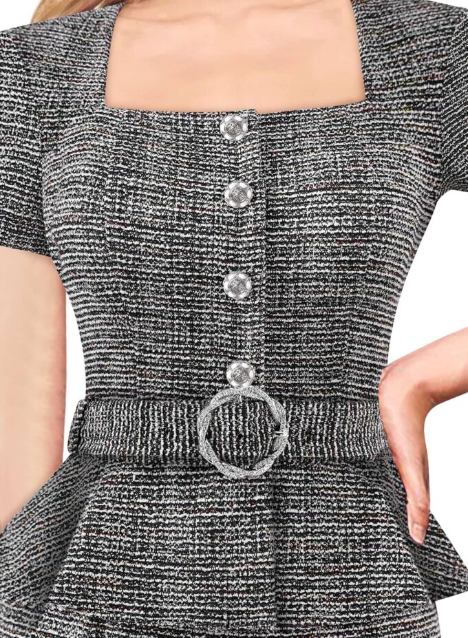 VFSHOW Damen 2024 Business Arbeit Büro Quadratischer Ausschnitt Gürtel Schößchen Knöpfe Slim Bodycon Etuikleid – Bild 3