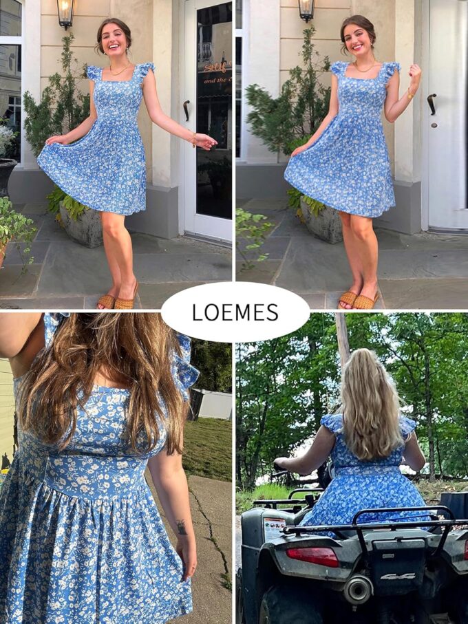 Loemes Summer Casual Cute Floral Flowy Square Neck Sundressses with Pocket Beach Dress for Women – Bild 2