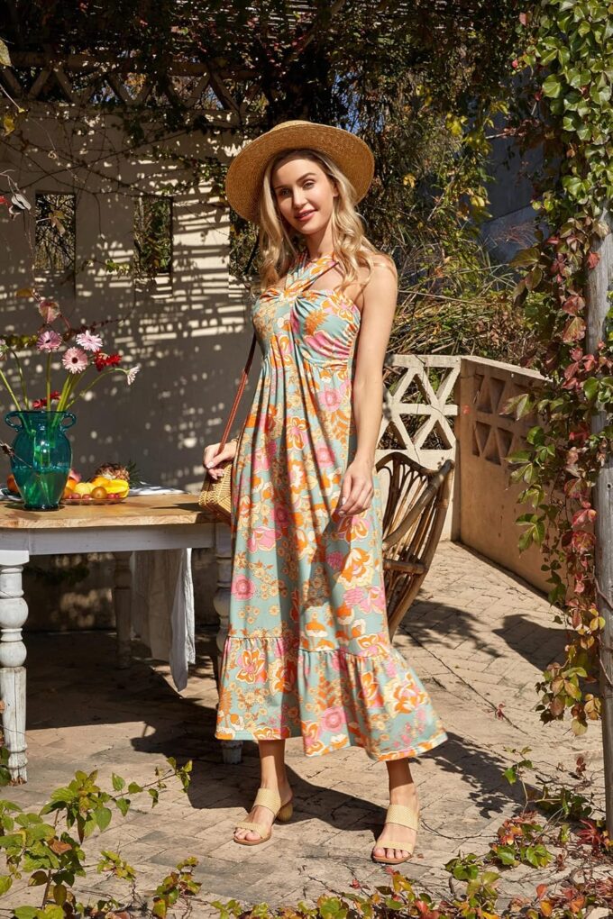 GRACE KARIN 2025 Women's Criss Cross Halterneck Sleeveless Summer Floral Print Flowy A Line Maxi Dress – Bild 3