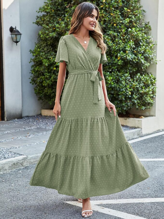 MASCOMODA Womens Summer Swiss Dot Maxi Dressses Wrap V Neck Flutter Short Sleeve Boho Casual Flowy Long Wedding Guest Dress – Bild 4