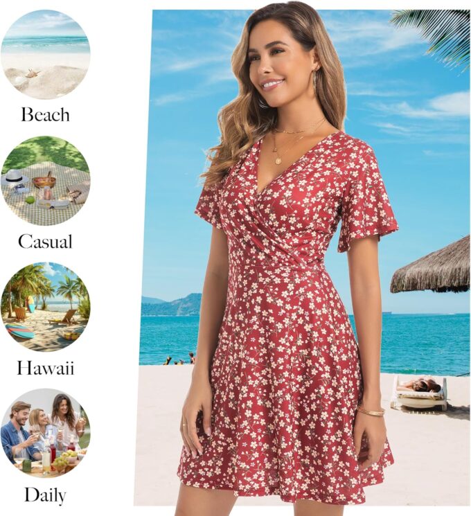 ChongBaiJia 3 Piece Womens Sundresses Summer Floral Short Sleeve Wrap V Neck A-Line Midi Casual Vacation Dresses 2025 – Bild 5