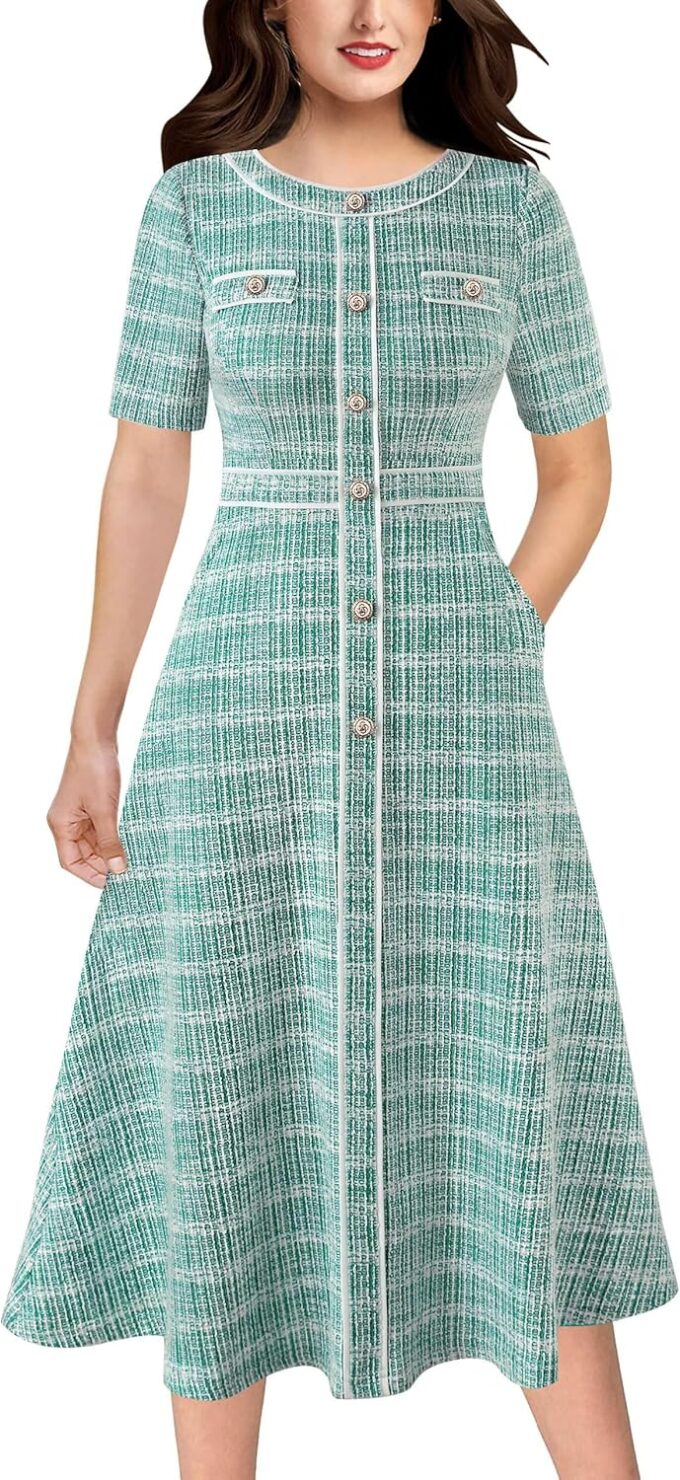 VFSHOW Damen-Kleid mit Knöpfen, schmale Passform und ausgestelltes Midi-Kleid in der Wadenmitte, A-Linie