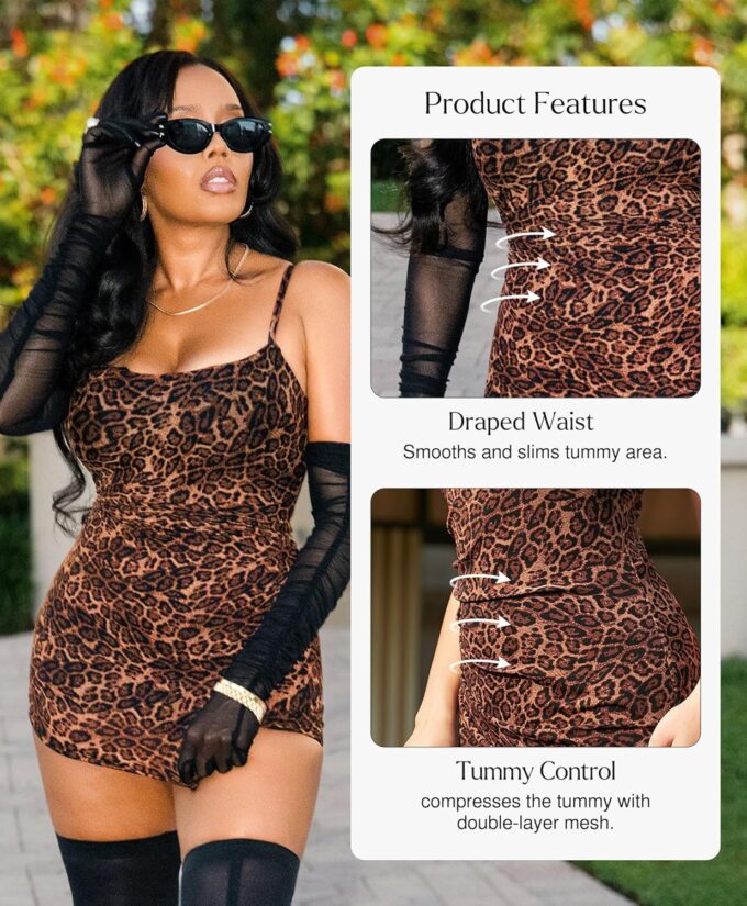 Popilush Leopard Print Dress with Built in Shapewear Spaghetti Strap Mini Dresses Mesh Ruched Bodycon Summer Splash – Bild 2