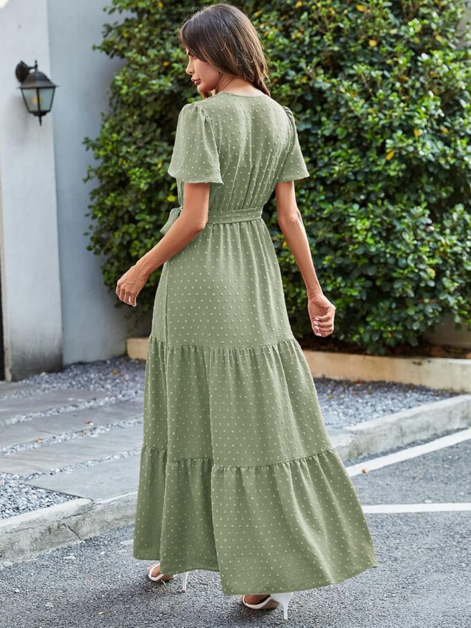 MASCOMODA Womens Summer Swiss Dot Maxi Dressses Wrap V Neck Flutter Short Sleeve Boho Casual Flowy Long Wedding Guest Dress – Bild 5