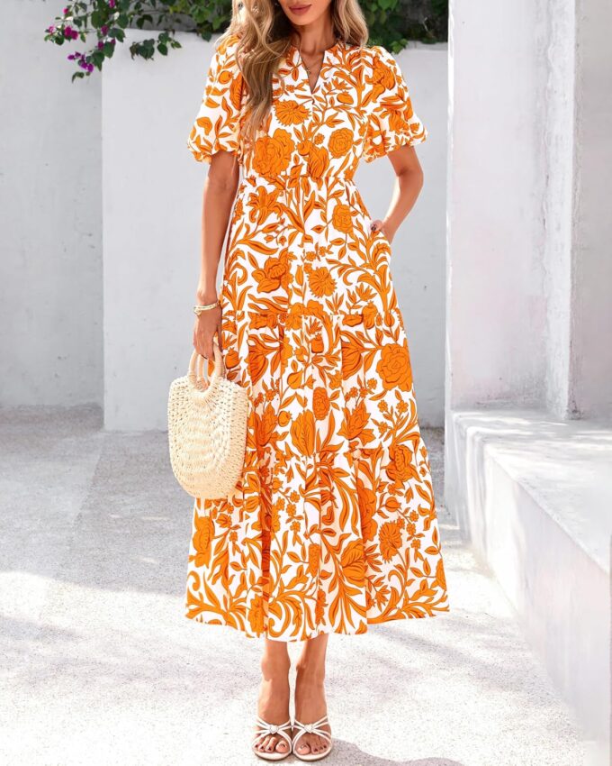 dowerme Womens Summer Dresses 2025 Casual Puff Short Sleeve V Neck Floral Boho Tiered Ruffle Maxi Dress with Pockets – Bild 2