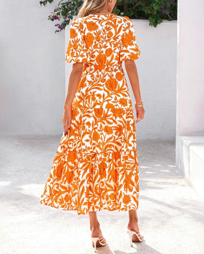 dowerme Womens Summer Dresses 2025 Casual Puff Short Sleeve V Neck Floral Boho Tiered Ruffle Maxi Dress with Pockets – Bild 5