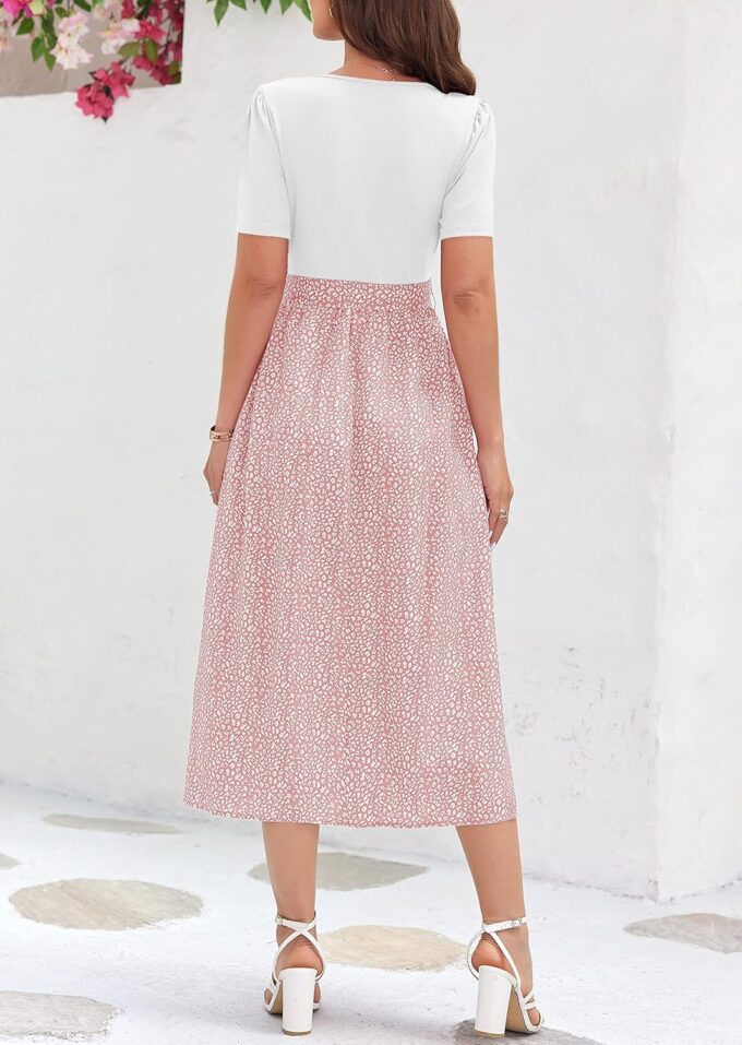 Damen-Sommerkleid, lässig, quadratischer Ausschnitt, lange Ärmel, gerippt, für Lehrer, Kirche, bescheidene Arbeit, Midi-Kleid mit Taschen – Bild 4