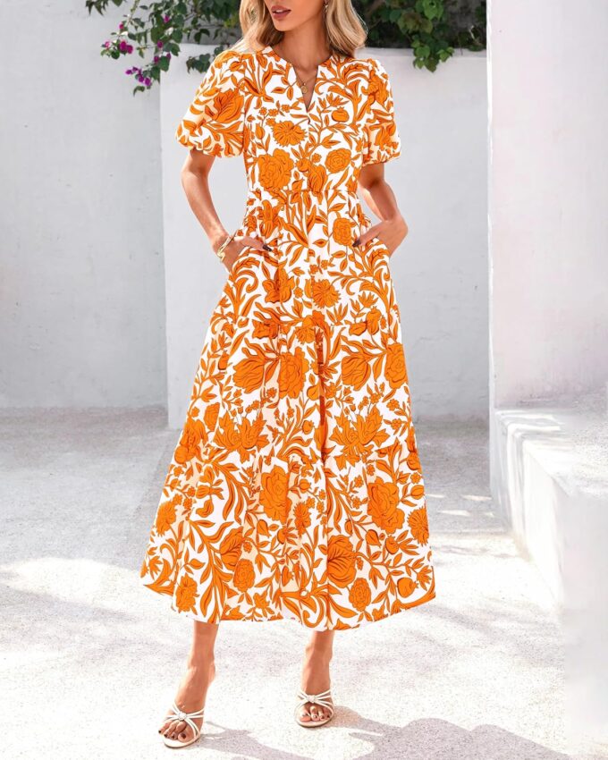 dowerme Womens Summer Dresses 2025 Casual Puff Short Sleeve V Neck Floral Boho Tiered Ruffle Maxi Dress with Pockets – Bild 6