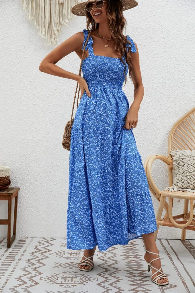 kinstell Women's Summer Boho Spaghetti Strap Square Neck Ruffle Casual Flowy Long Dress Beach Swing Party Maxi Dress – Bild 3