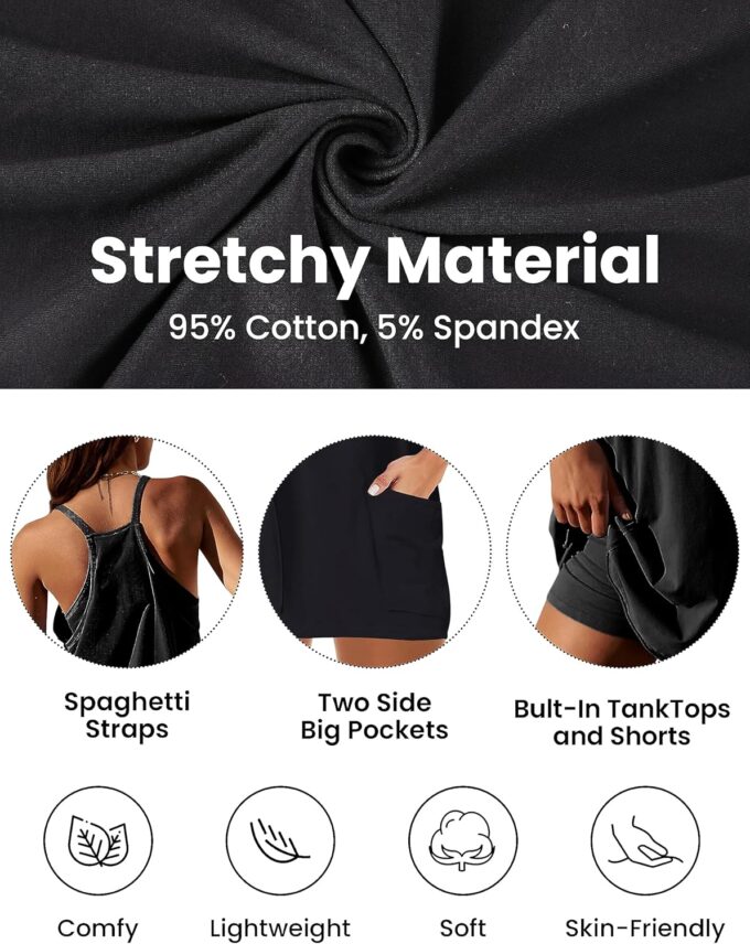 Yidarer Womens Summer Athletic Mini Dress Sleeveless Spaghetti Strap Built-in Shorts V Neck Sundress with Pockets – Bild 3
