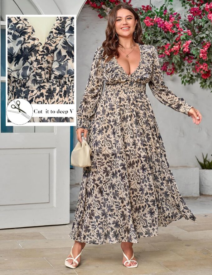 Chiffon Dresses for Women Deep V Neck Floral Long Sleeve Slit Evening Party Wedding Guest Dress – Bild 2