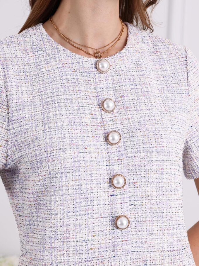 Hobemty Damen-Kleid, kurzärmelig, A-Linie, Knopfdekor, elegante Arbeit, Tweed-Kleider – Bild 4