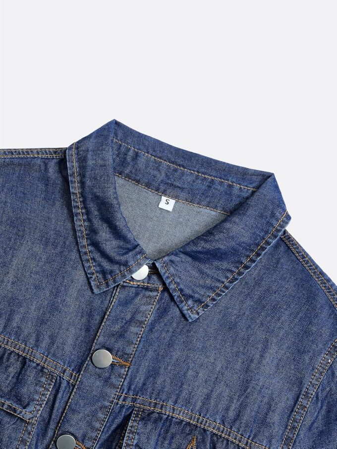 Women Denim Shirt Dress V Neck Short Sleeve Long Bottom Down A-Line Jeans Dresses with Pockets – Bild 4