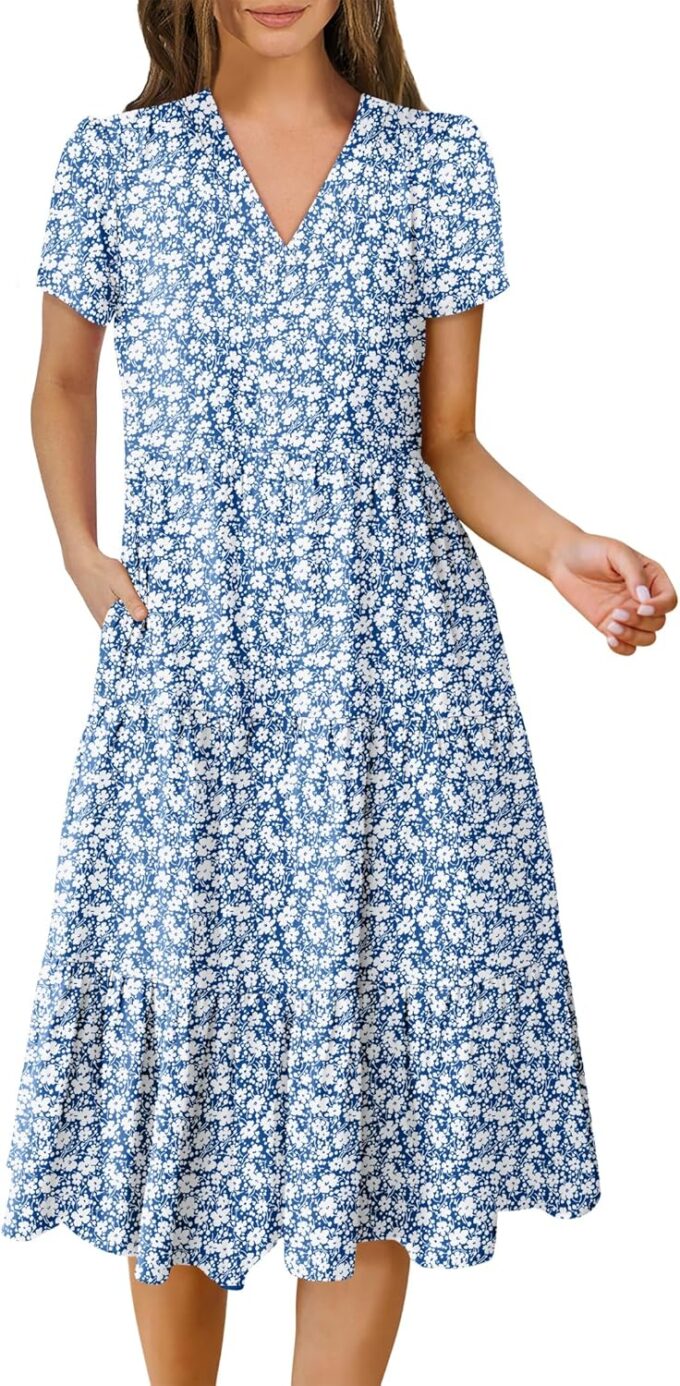 ANRABESS Women's Summer Casual Short Sleeve V Neck Midi Dresses 2025 Spring Flowy A-line Tiered T Shirts Boho Beach Dress