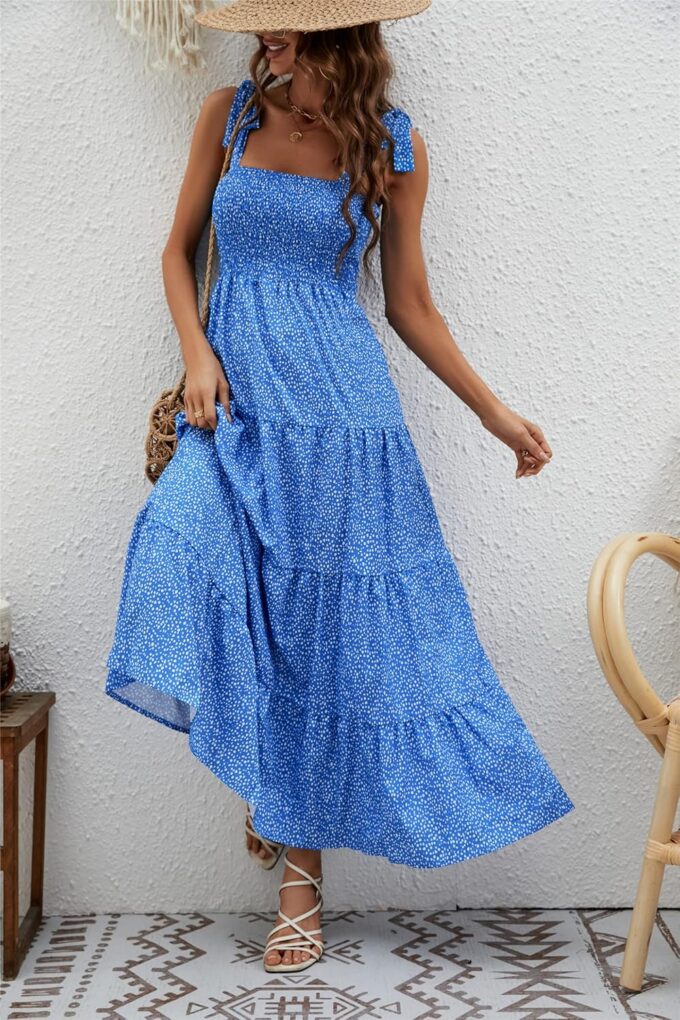 kinstell Women's Summer Boho Spaghetti Strap Square Neck Ruffle Casual Flowy Long Dress Beach Swing Party Maxi Dress – Bild 2