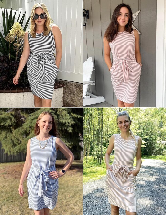 MEROKEETY Womens 2025 Summer Sleeveless Striped T Shirt Dress Casual Crew Neck Tie Waist Mini Dresses – Bild 5