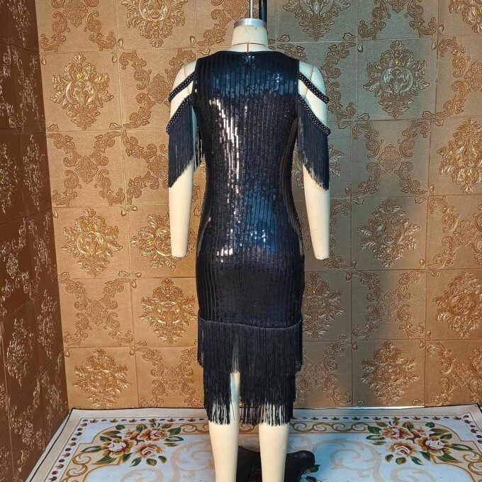 Cololura Sexy Elegant Women Sequin Short Sleeve Tassel Bodycon Midi Dress Party Evening Gown Formal Dress – Bild 7