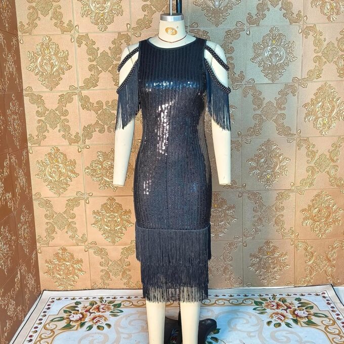 Cololura Sexy Elegant Women Sequin Short Sleeve Tassel Bodycon Midi Dress Party Evening Gown Formal Dress – Bild 5