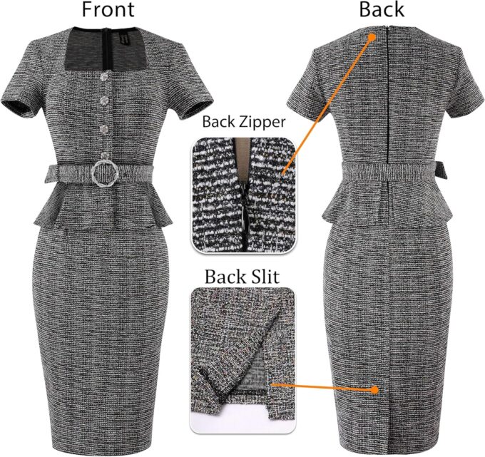 VFSHOW Damen 2024 Business Arbeit Büro Quadratischer Ausschnitt Gürtel Schößchen Knöpfe Slim Bodycon Etuikleid – Bild 6