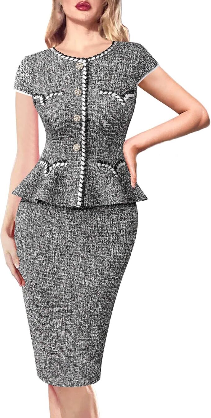 VFSHOW Damen Bleistiftkleid mit Knöpfen und Schößchen, für Arbeit, Business, Büro, professionelles Patchwork, Bleistiftkleid