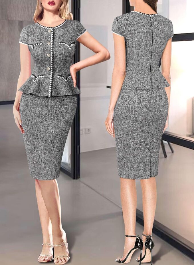 VFSHOW Damen Bleistiftkleid mit Knöpfen und Schößchen, für Arbeit, Business, Büro, professionelles Patchwork, Bleistiftkleid – Bild 2