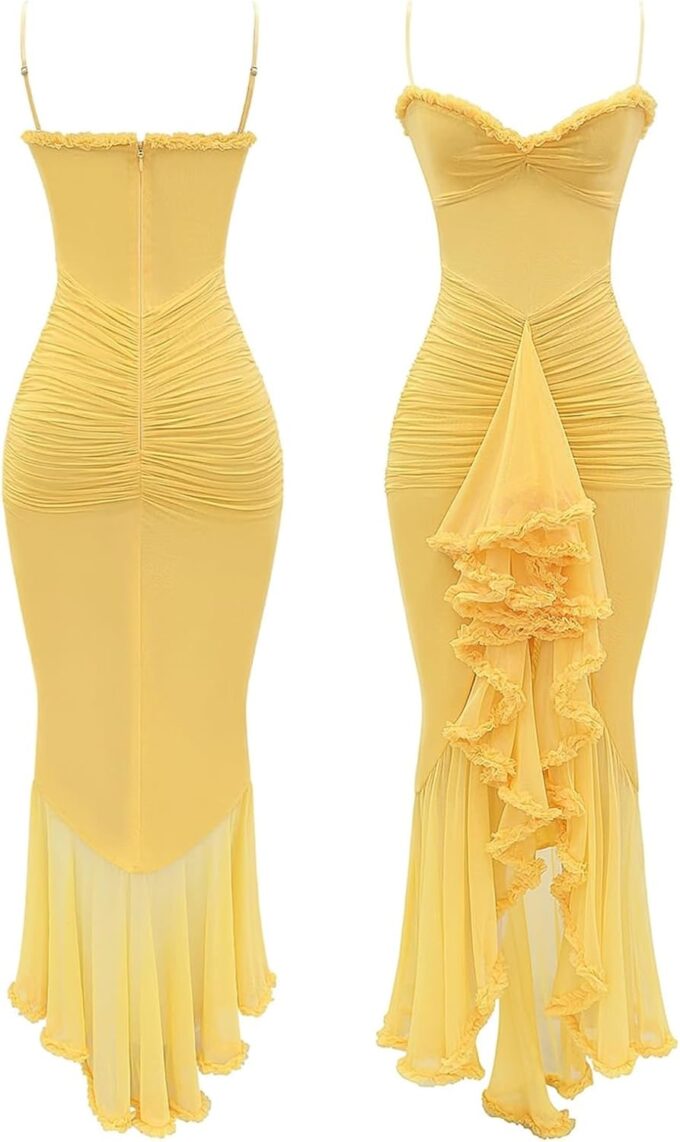 Unybwonn Women Cocktail Maxi Dress Sleeveless Ruched Ruffle Hem Mesh Dresses High Low Split Spaghetti Strap Sundress – Bild 6