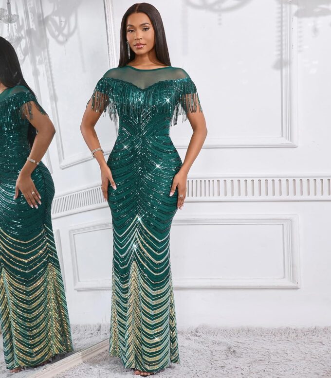 Cololura Sexy Sequin Tassel Mesh Perspective Party Cocktail Bodycon Evening Club Maxi Dress – Bild 3