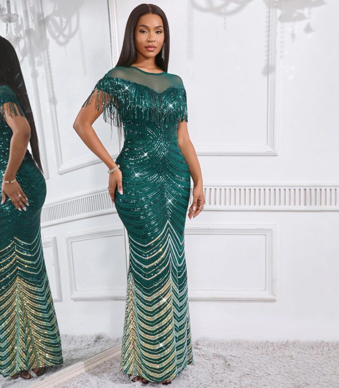 Cololura Sexy Sequin Tassel Mesh Perspective Party Cocktail Bodycon Evening Club Maxi Dress – Bild 2