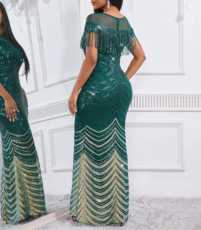 Cololura Sexy Sequin Tassel Mesh Perspective Party Cocktail Bodycon Evening Club Maxi Dress – Bild 4