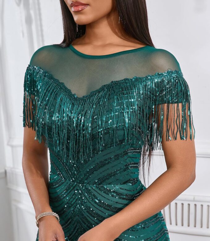 Cololura Sexy Sequin Tassel Mesh Perspective Party Cocktail Bodycon Evening Club Maxi Dress – Bild 5
