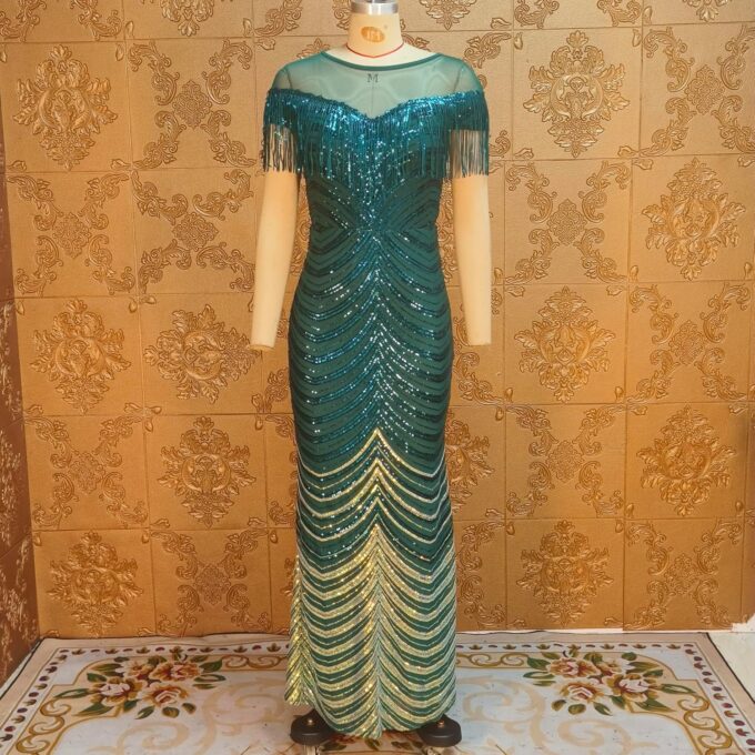 Cololura Sexy Sequin Tassel Mesh Perspective Party Cocktail Bodycon Evening Club Maxi Dress – Bild 6