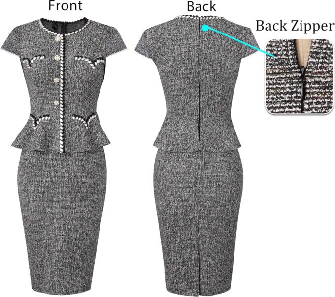VFSHOW Damen Bleistiftkleid mit Knöpfen und Schößchen, für Arbeit, Business, Büro, professionelles Patchwork, Bleistiftkleid – Bild 7