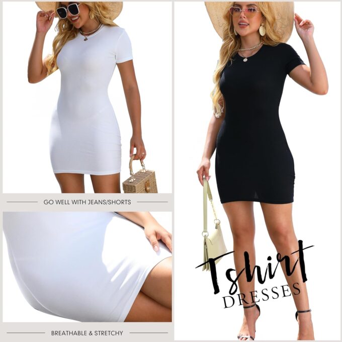 3 Pack Summer Dresses for Women 2025 Crew Neck Short Sleeve Wrap Dress Beach Vacation Mini Bodycon T Shirt Dress – Bild 4