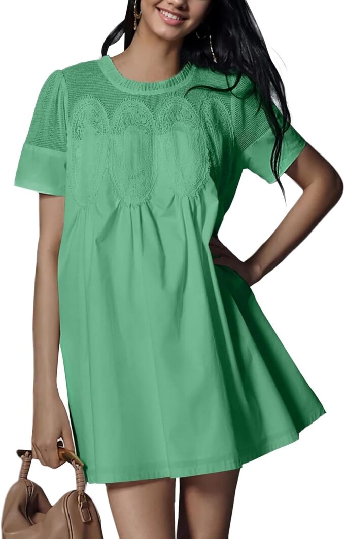 Women's Summer Lace Mini Dress Ruffled Collar Short Sleeve Flared A-Line Hem Babydoll Sundress(102-002)